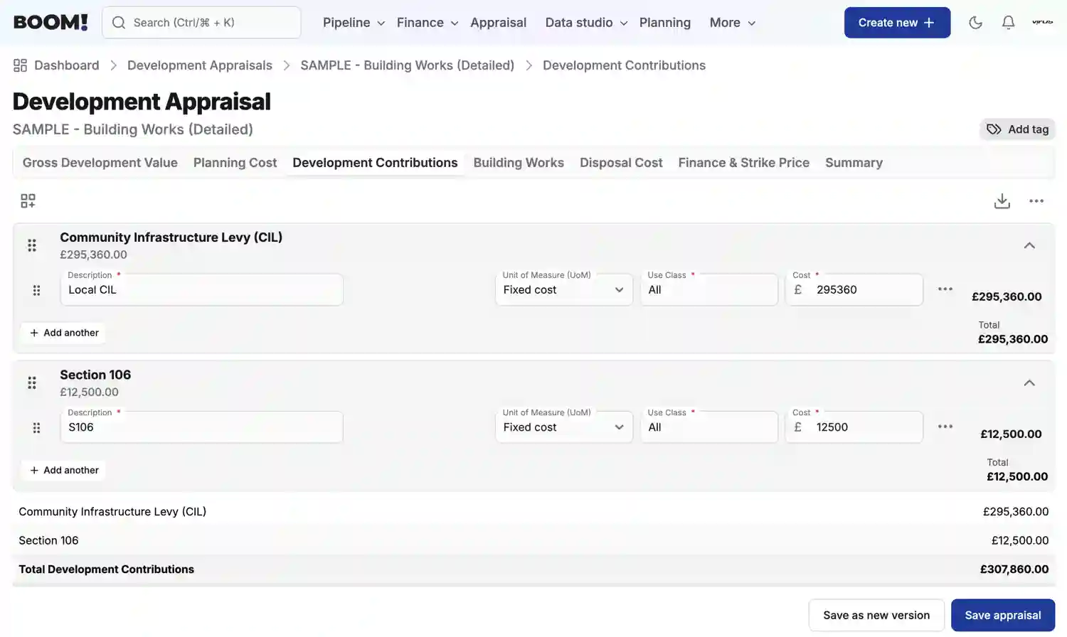 BOOM! Appraisal Development Contributions screenshot light