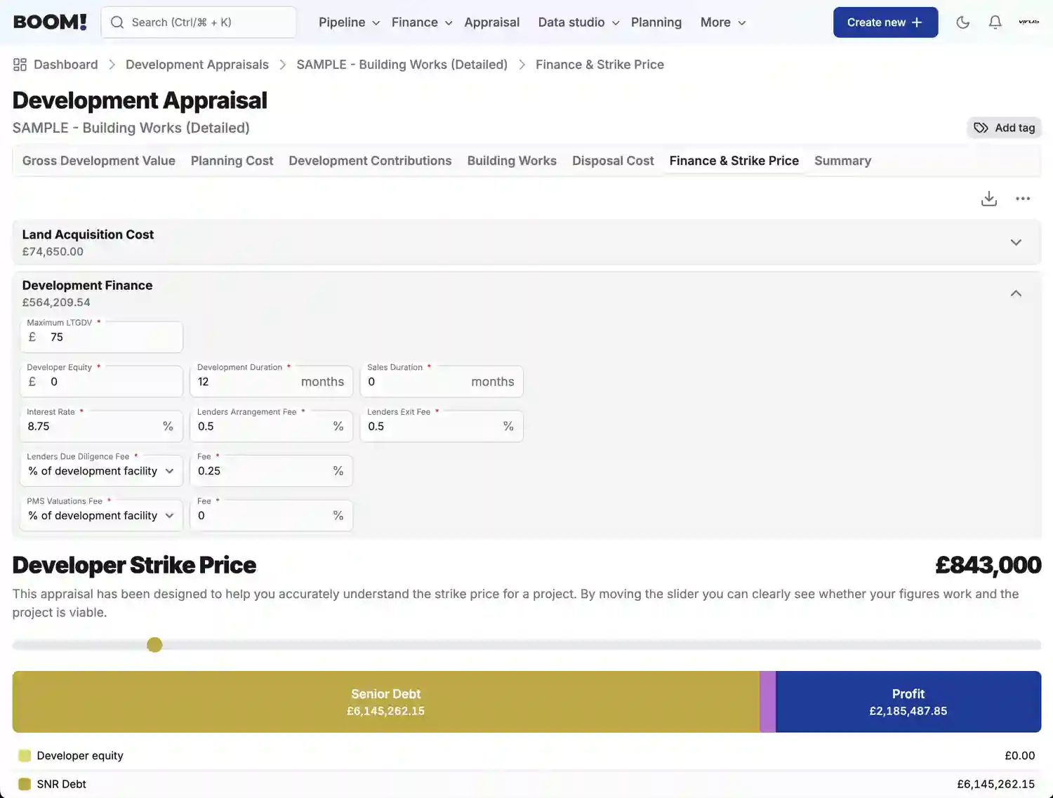 BOOM! Appraisal Finance Costs screenshot light