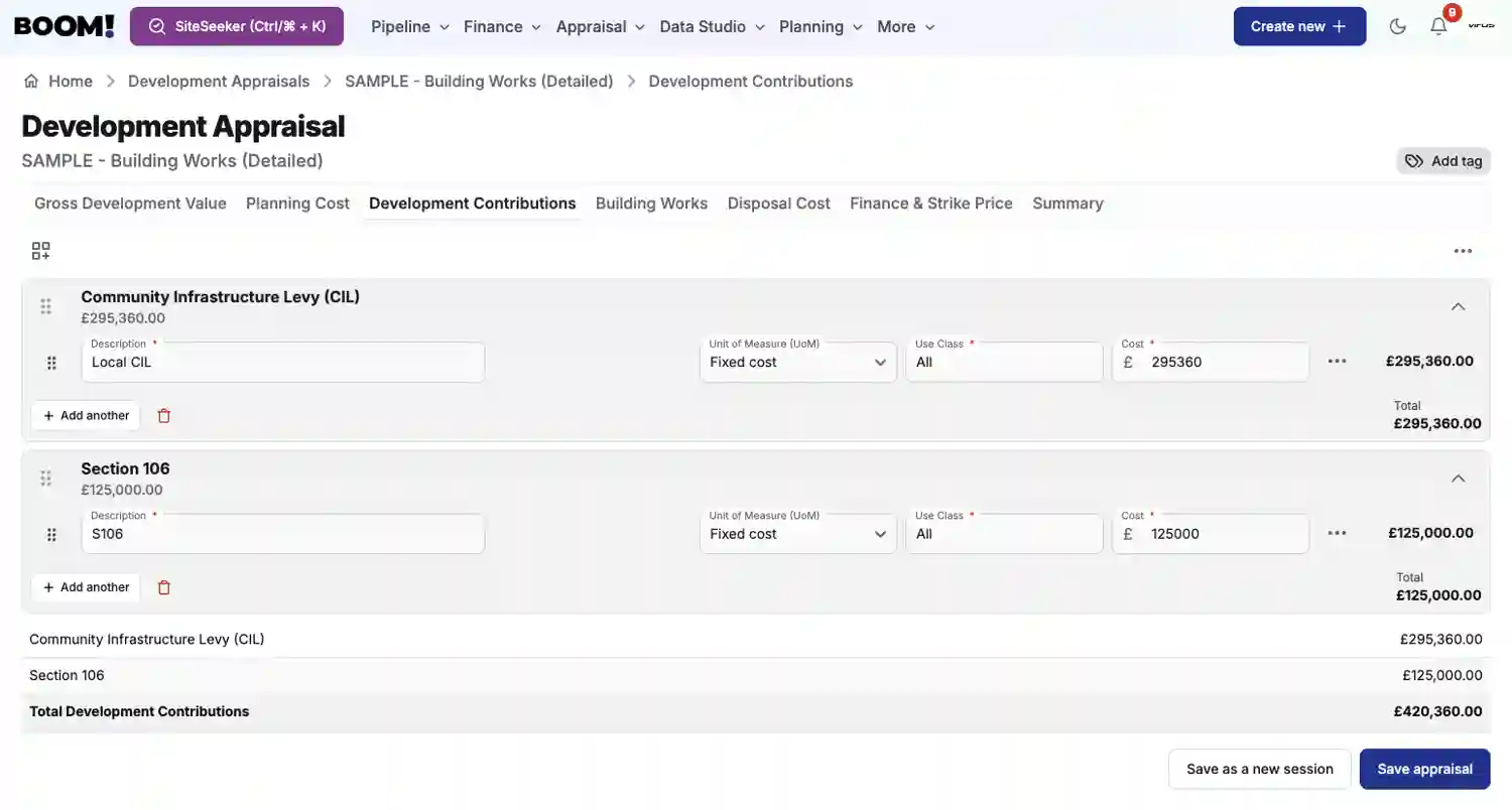 BOOM! Appraisal Development Contributions screenshot light