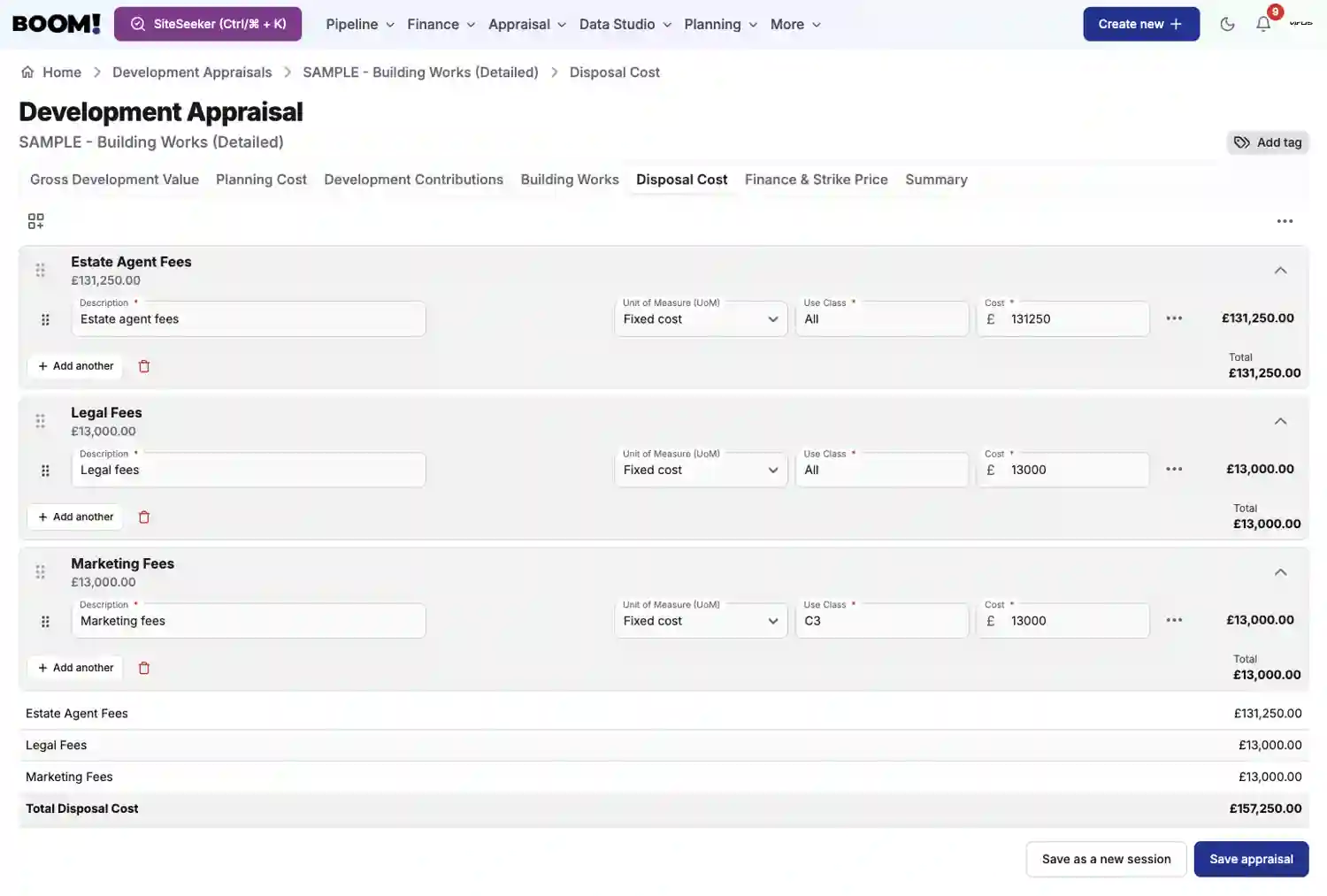 BOOM! Appraisal Disposal Costs screenshot light