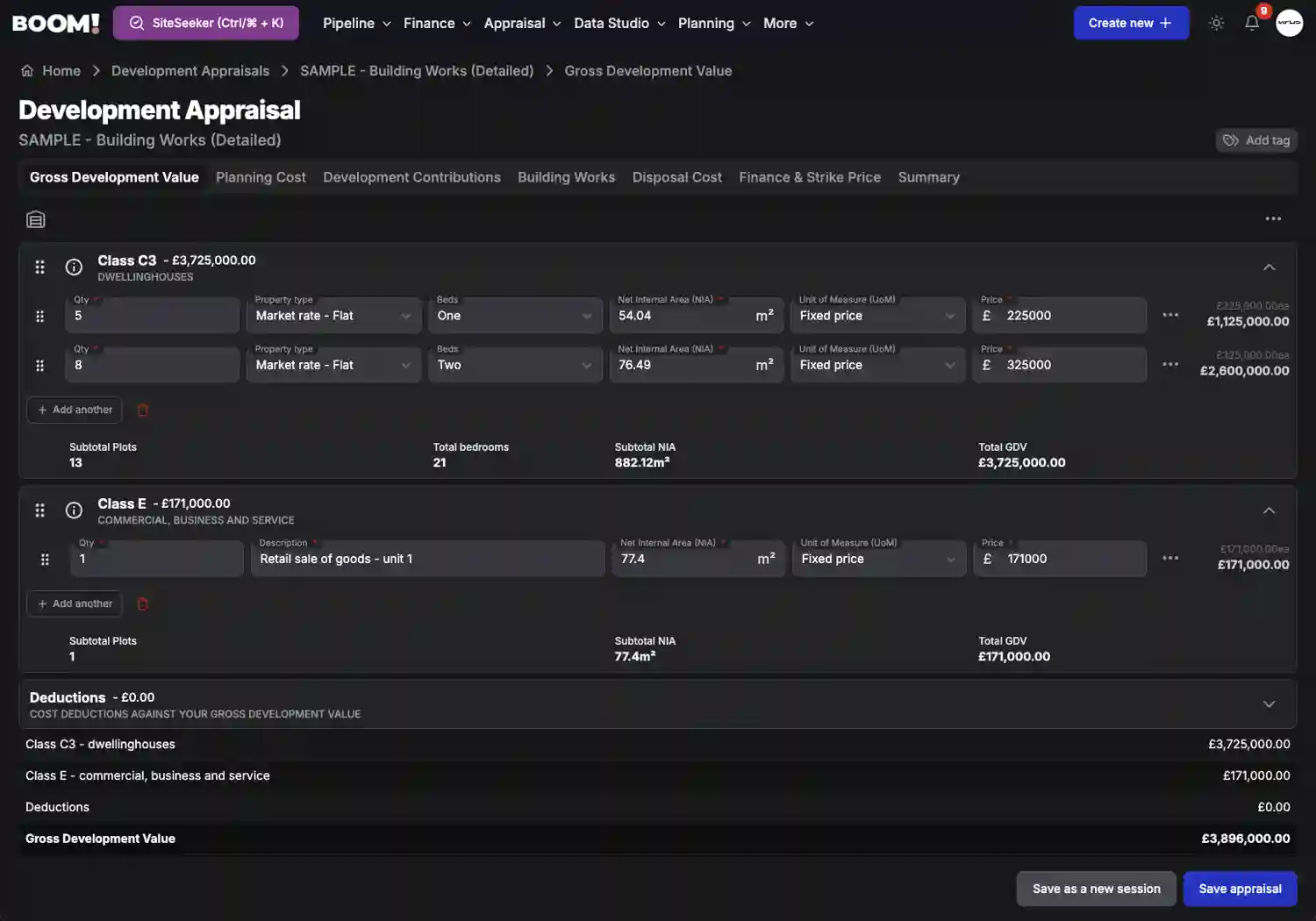 BOOM! Appraisal Gross Development Value screenshot dark